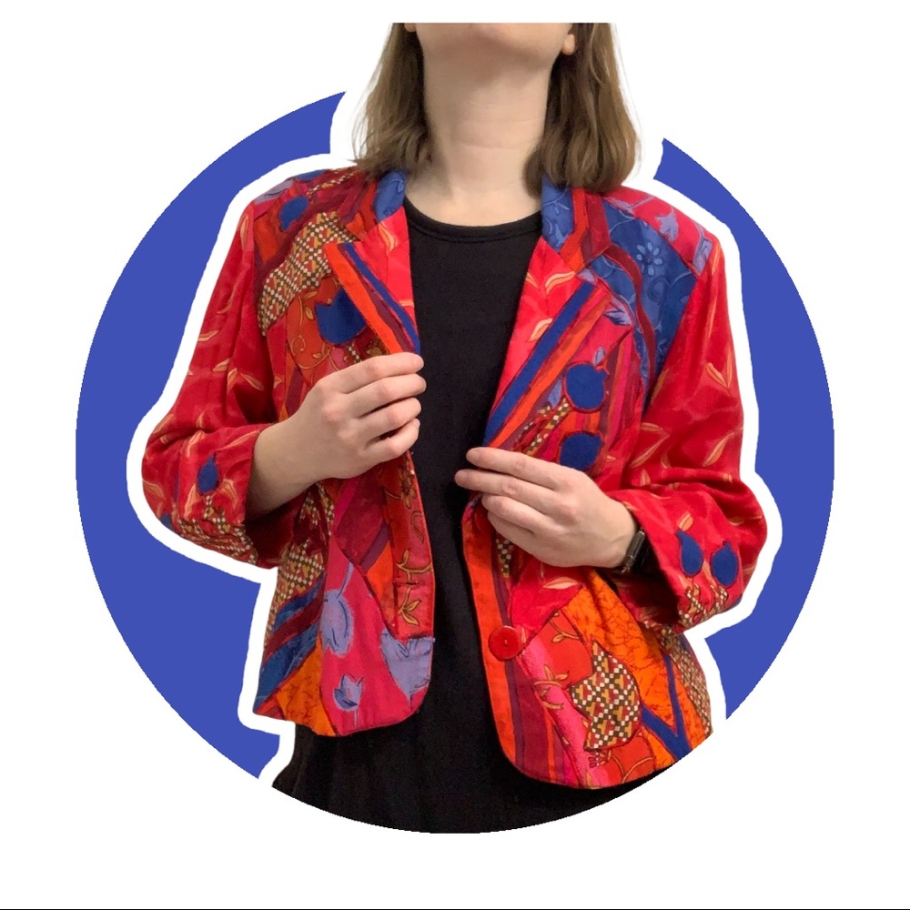 Vintage 90s Pop Art Blazer Womens Large Minnie’s Closet Crazy Quilt Embroidered